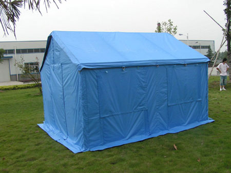 AMS disaster relief tent with folds down for privacy.